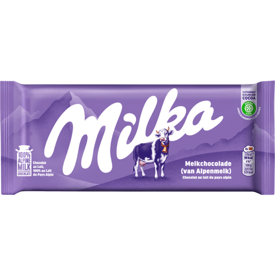 Foto van Milka Chocoladereep alpenmelk op witte achtergrond