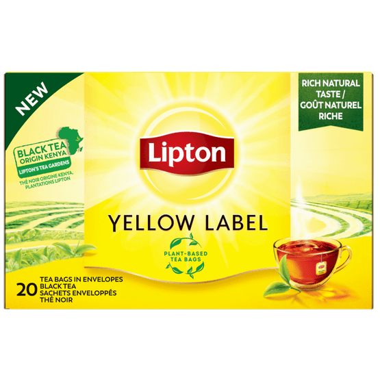 Foto van Lipton Zwarte thee yellow kop 20 zk. op witte achtergrond