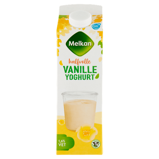 Foto van Melkan Halfvolle yoghurt vanille op witte achtergrond