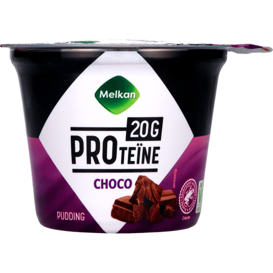 Foto van Melkan High protein pudding chocolade op witte achtergrond