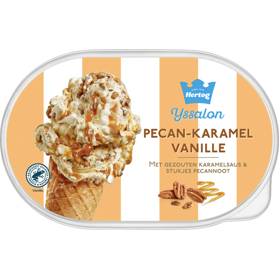 Foto van Hertog Ijs pecan karamel vanille op witte achtergrond