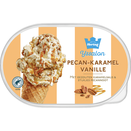 Foto van Hertog Ijs pecan karamel vanille op witte achtergrond