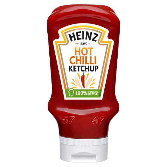 Foto van Heinz Tomaten ketchup hot chili op witte achtergrond
