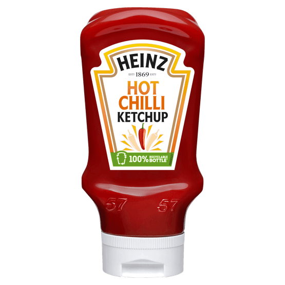 Foto van Heinz Tomato Ketchup hot chilli op witte achtergrond