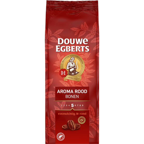 Foto van Douwe Egberts Aroma Rood koffiebonen op witte achtergrond