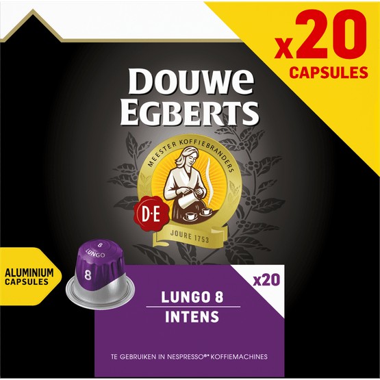 Foto van Douwe Egberts Lungo Intens koffiecups voordeelpak op witte achtergrond