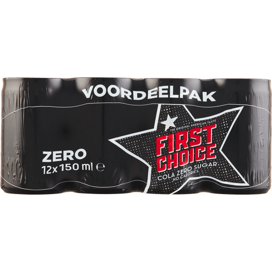 Foto van First Choice Cola Cola zero sugar 12x15 cl op witte achtergrond