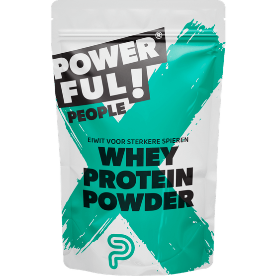 Foto van PowerfulPeople Whey protein powder pouch vanille op witte achtergrond