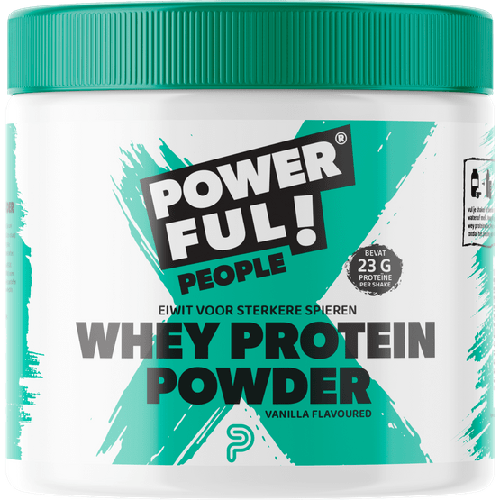 Foto van PowerfulPeople Whey protein powder vanille op witte achtergrond