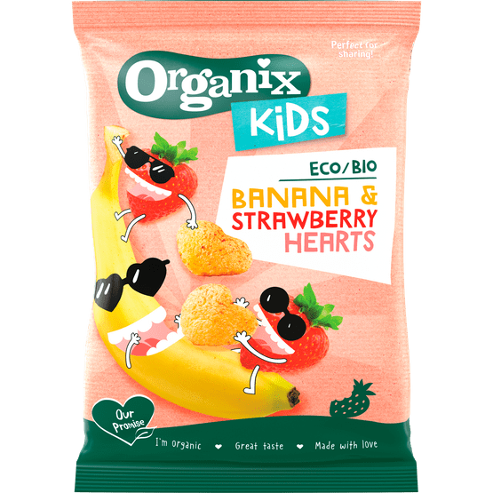 Foto van Organix Kids knabbels banana & strawberry hearts op witte achtergrond
