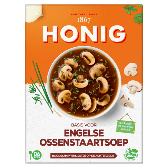 Foto van Honig Engelse ossenstaartsoep op witte achtergrond