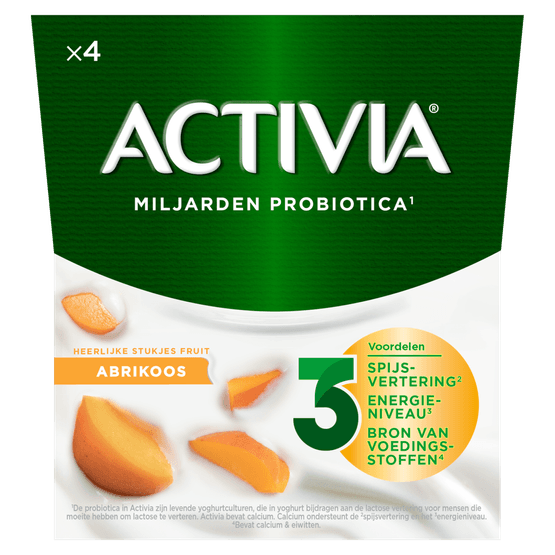 Foto van Activia Yoghurt abrikoos op witte achtergrond