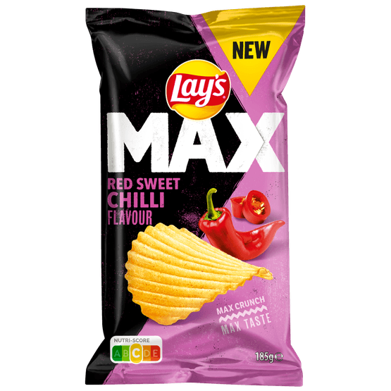 Foto van Lay's Ribbelchips max red sweet chilli op witte achtergrond