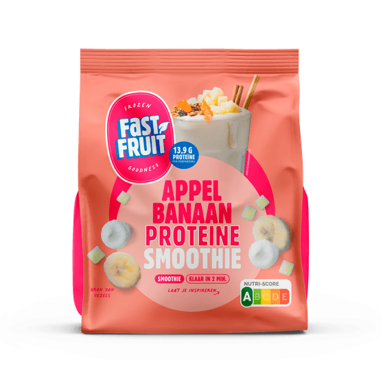 Foto van Fast Fruit Proteine appel banaan op witte achtergrond