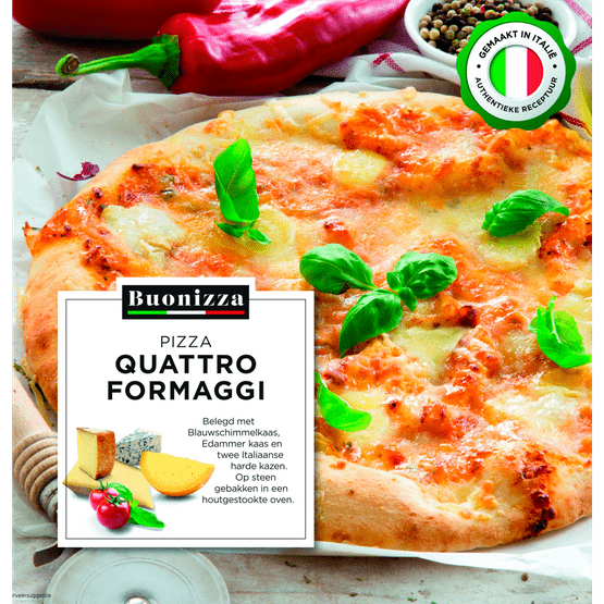 Foto van Buonizza Pizza quattro fromaggi op witte achtergrond
