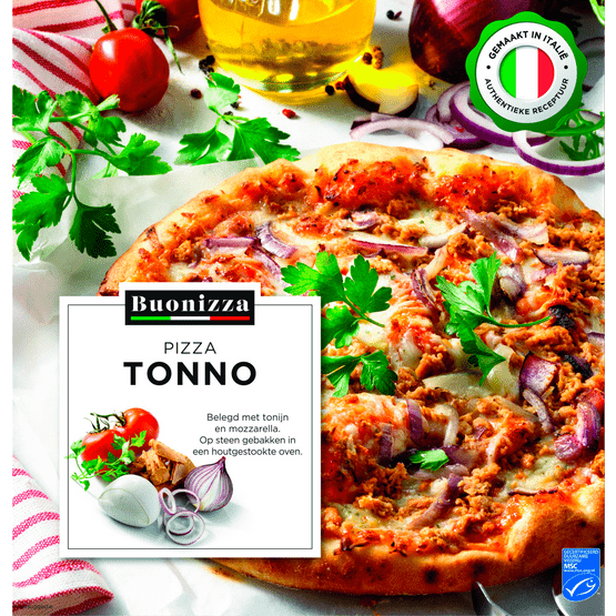 Foto van Buonizza Pizza tonijn op witte achtergrond