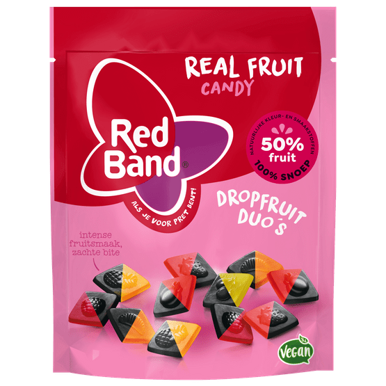 Foto van Red Band Dropfruit duo real fruit candy op witte achtergrond