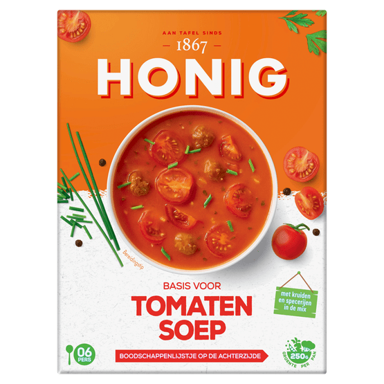 Foto van Honig Tomatensoep op witte achtergrond
