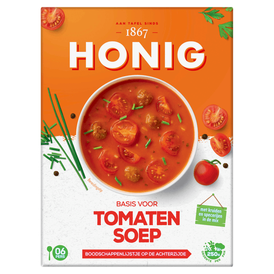 Foto van Honig Tomatensoep op witte achtergrond