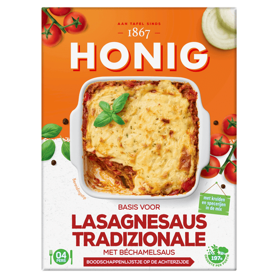 Foto van Honig Kruidenmix lasagnesaus tradizionale op witte achtergrond