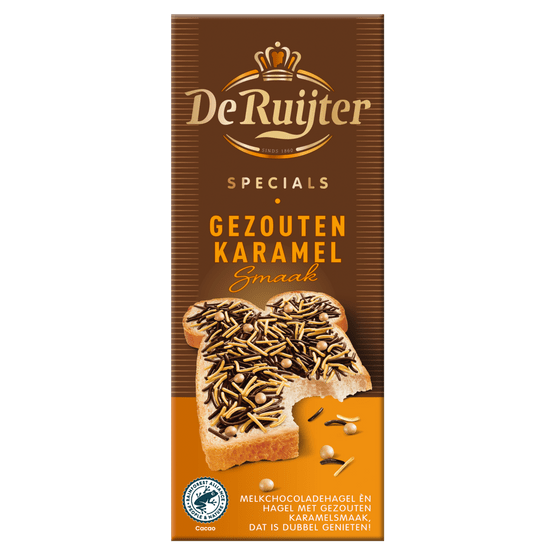 Foto van De Ruijter Chocoladehagel specials gezouten karamel op witte achtergrond