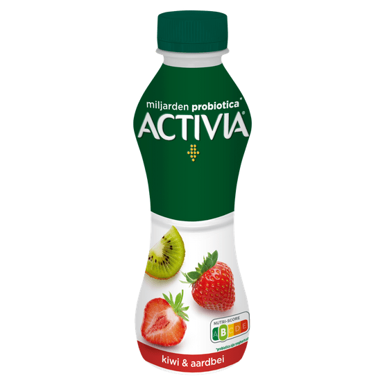 Foto van Activia Start drinkyoghurt aardbei kiwi op witte achtergrond