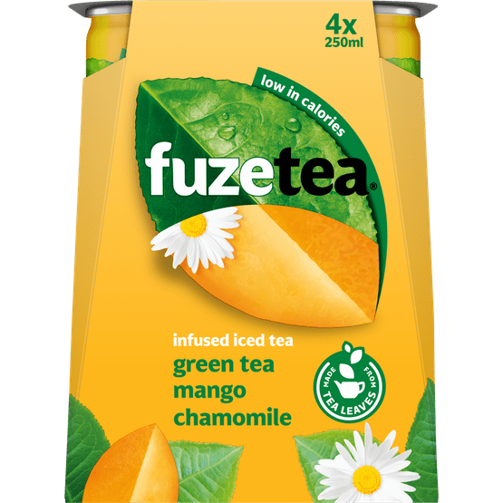 Foto van Fuze tea Ice tea green mango-chamomile 4x25 cl op witte achtergrond