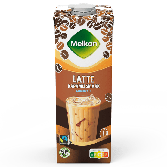 Foto van Melkan Ijskoffie macchiatto caramel op witte achtergrond