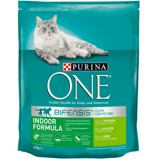 Foto van Purina One Kattenvoer indoor formula kalkoen & volkoren granen op witte achtergrond