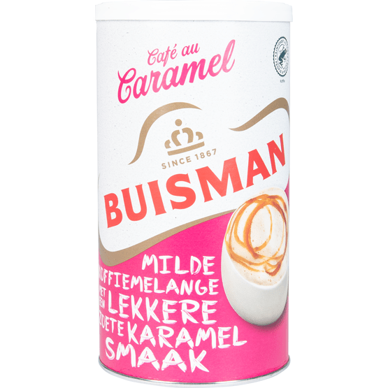 Foto van Buisman Oploskoffie café au caramel op witte achtergrond