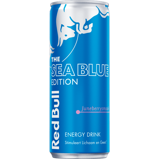Foto van Red Bull Energy drink sea blue edition juneberry op witte achtergrond