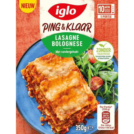 Foto van Iglo Ping en klaar lasagne bolognese op witte achtergrond