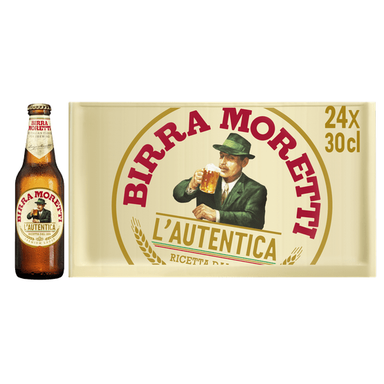 Foto van Birra Moretti Premium pilsener op witte achtergrond