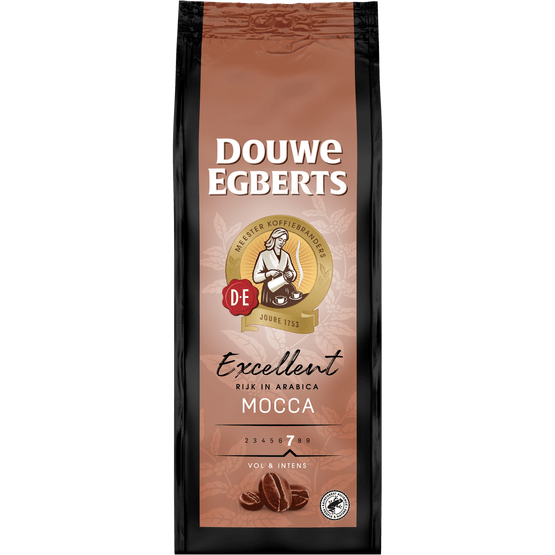 Foto van Douwe Egberts Aroma Variaties Mocca koffiebonen op witte achtergrond