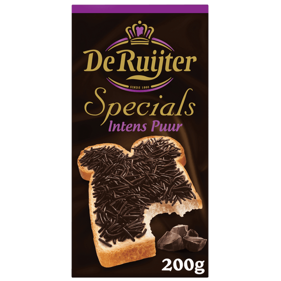 Foto van De Ruijter Chocoladehagel specials intens puur op witte achtergrond