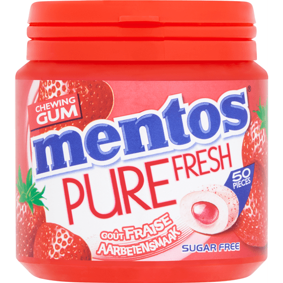 Foto van Mentos Gum pure fresh strawberry 50 stuks op witte achtergrond
