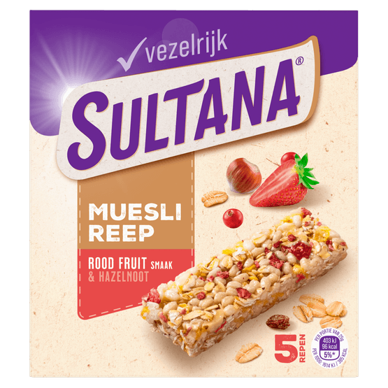 Foto van Sultana Mueslireep red fruit 5 st. op witte achtergrond