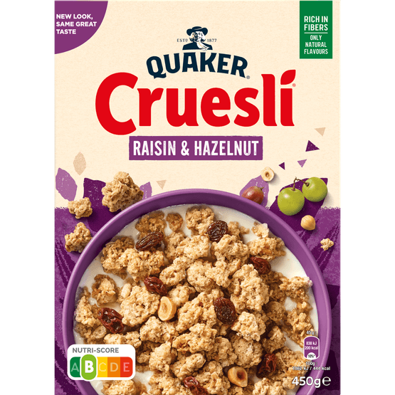 Foto van Quaker Cruesli Raisin & Hazelnut op witte achtergrond