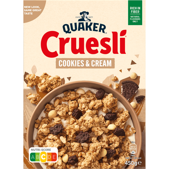 Foto van Quaker Cruesli cookies & cream op witte achtergrond