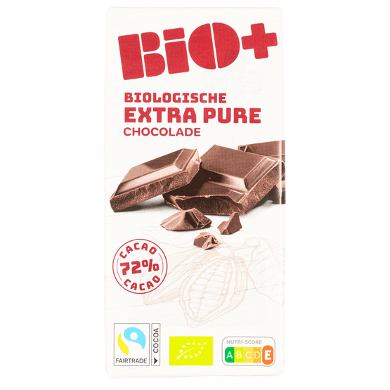 Foto van Bio+ Chocoladereep extra puur 72% cacao op witte achtergrond