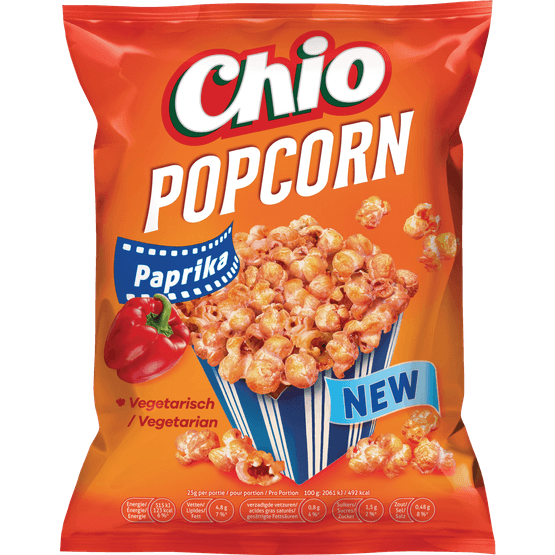 Foto van Chio Popcorn paprika op witte achtergrond
