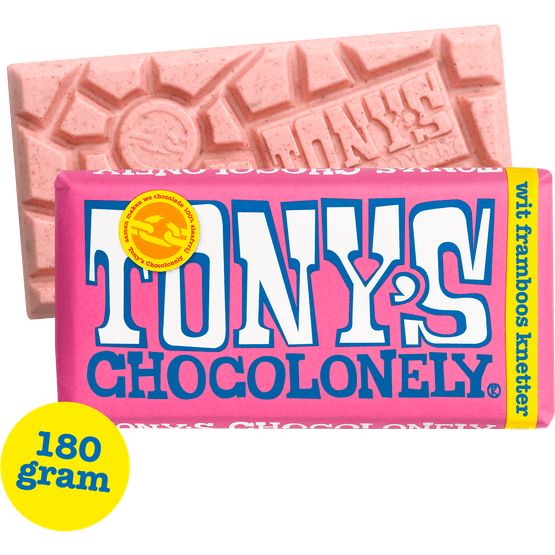 Foto van Tony's Chocolonely wit framboos knettsersuiker op witte achtergrond