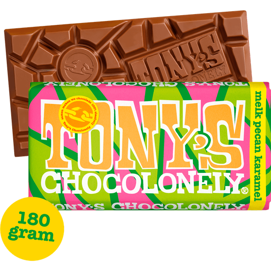 Foto van Tony's Chocolonely Chocolonely melk pecan crunch karamel op witte achtergrond