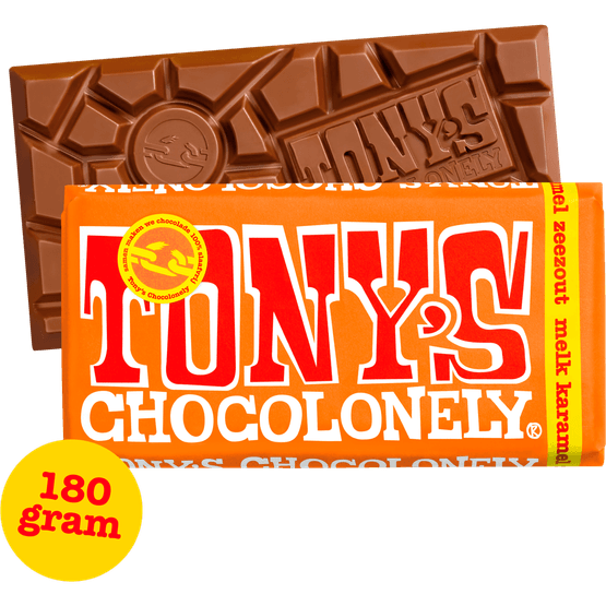 Foto van Tony's Chocolonely melk karamel zeezout op witte achtergrond