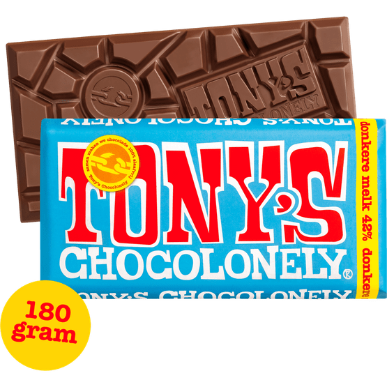 Foto van Tony's Chocolonely donkere melk op witte achtergrond