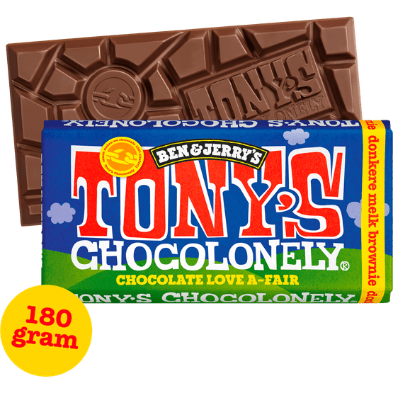 Foto van Tony's Chocolonely Chocoladereep donkere melk brownie fudge op witte achtergrond