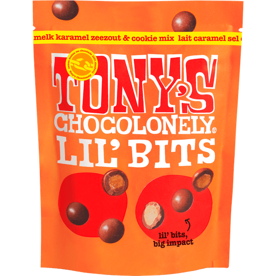 Foto van Tony's Chocolonely Lilbits melk karamel zeezout op witte achtergrond