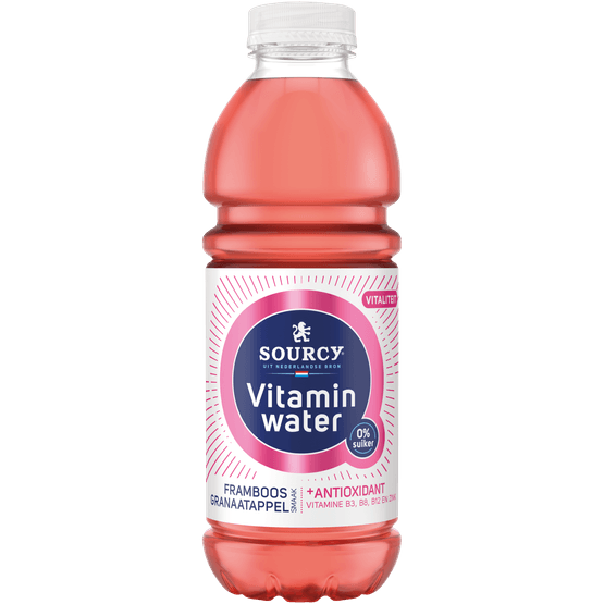 Foto van Sourcy Vitaminwater framboos-granaatappel op witte achtergrond