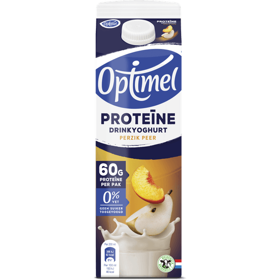 Foto van Optimel Drinkyoghurt peer perzik protein op witte achtergrond