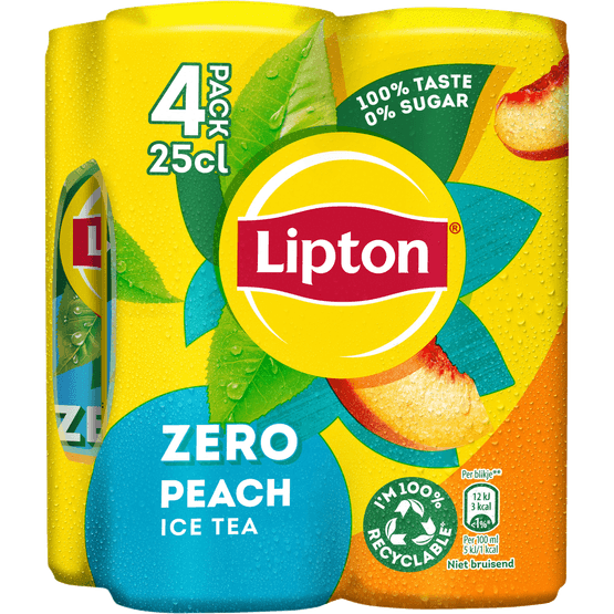 Foto van Lipton Ice tea peach zero 4x25 cl op witte achtergrond